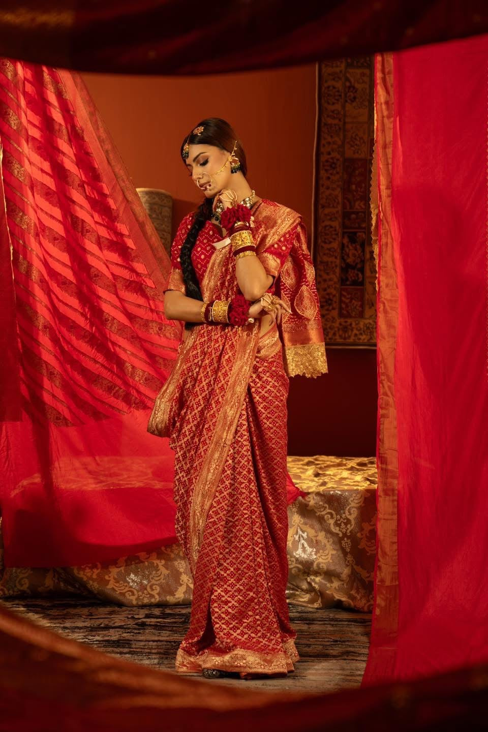 Red Bandhej Saree