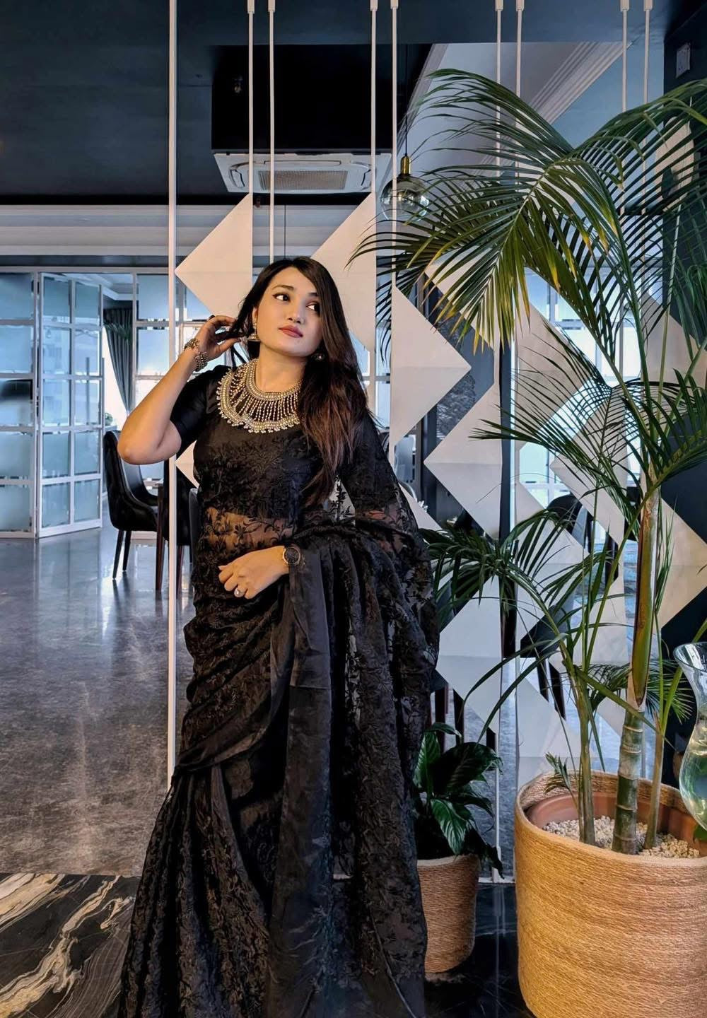 Black embroidery Silk