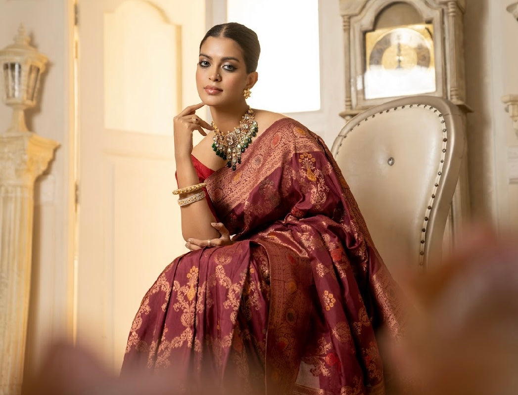 Maroon Jaal Banarasi Saree