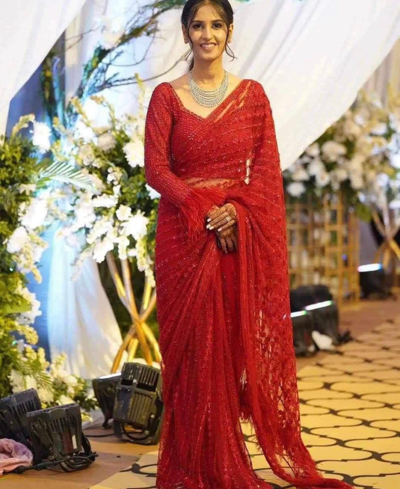 Red Net Saree