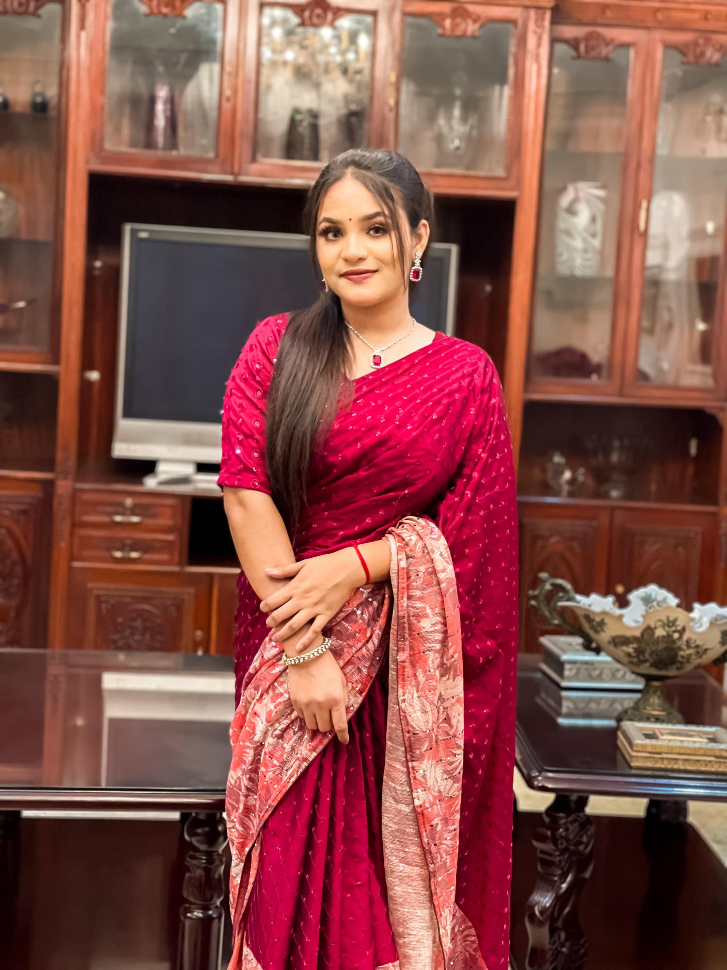 Red floral saree