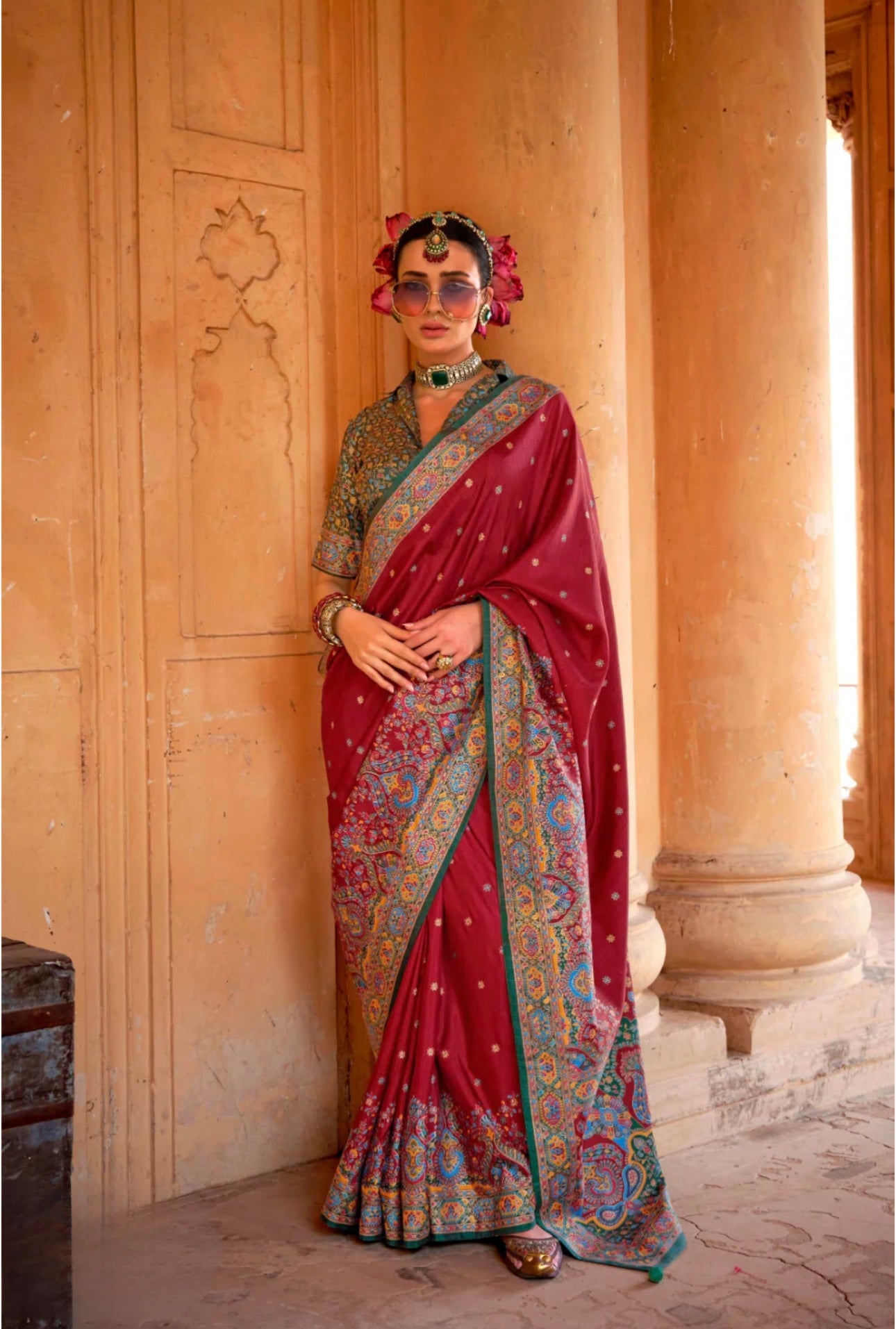 Maroon Banarasi saree