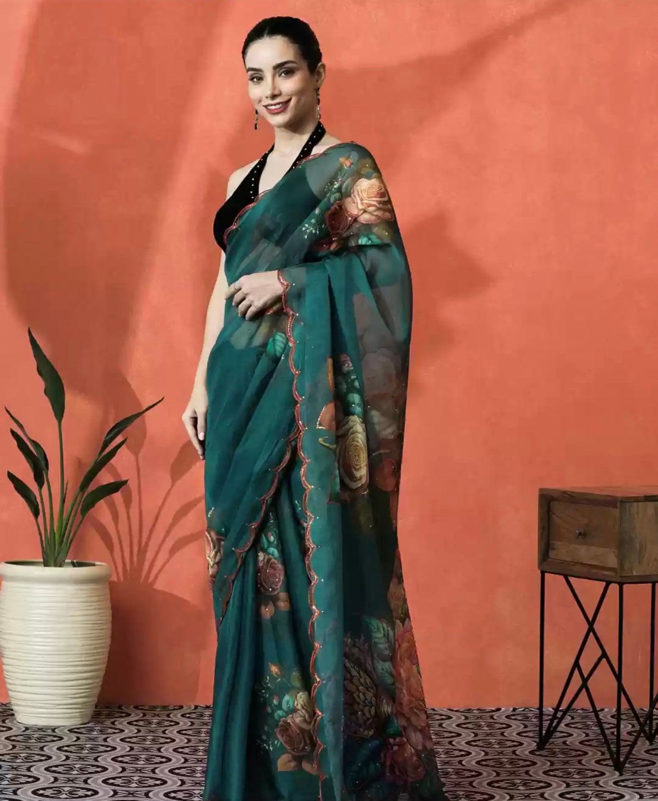 Bottle Green Organza Saree