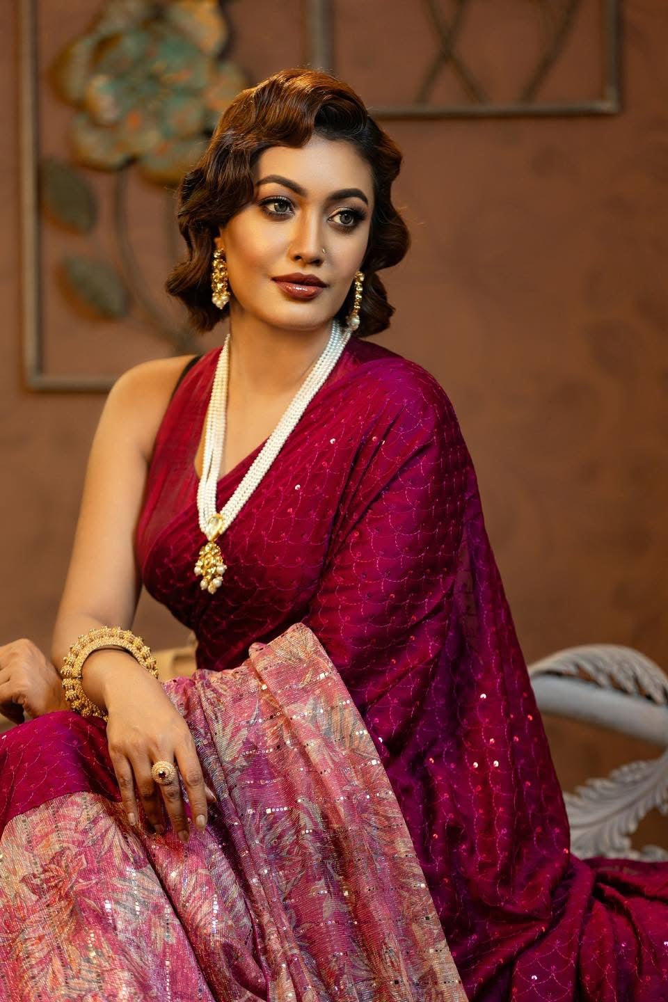 Hot pink floral saree