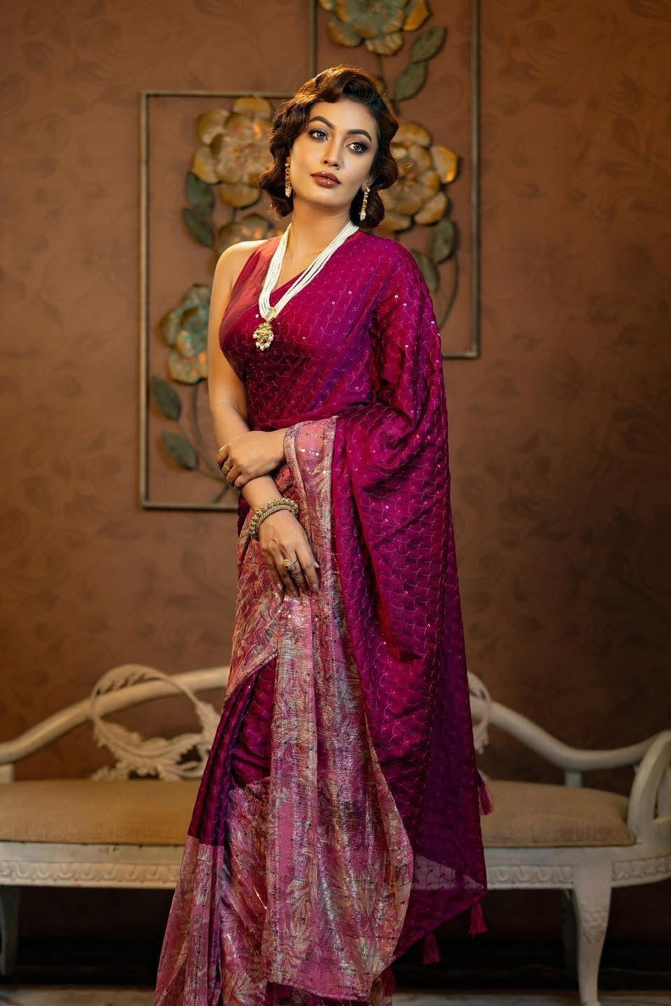 Hot pink floral saree