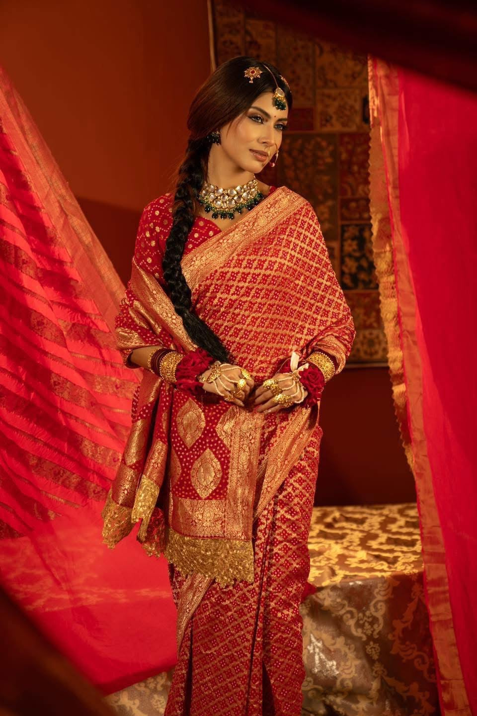 Red Bandhej Saree