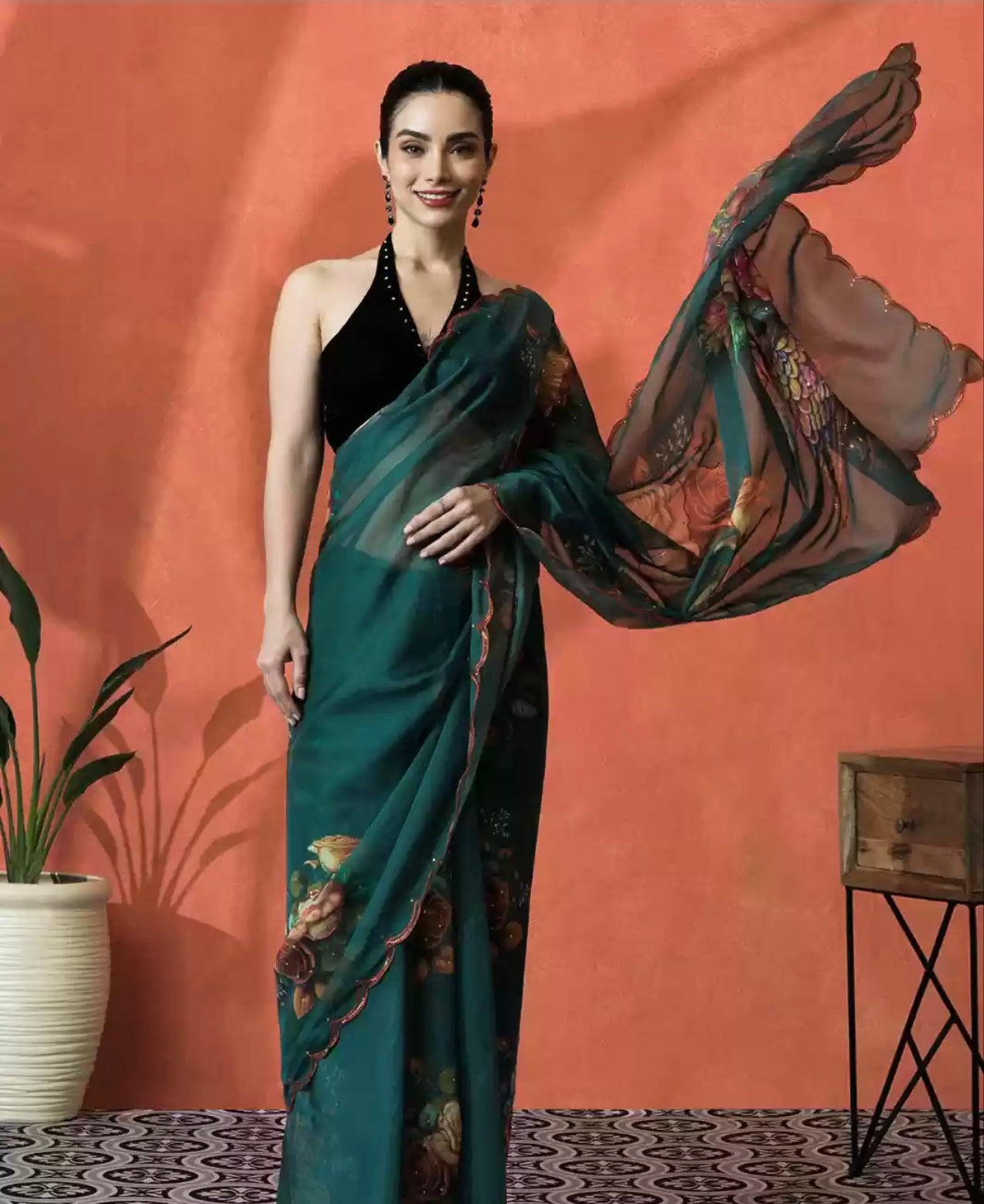 Bottle Green Organza Saree
