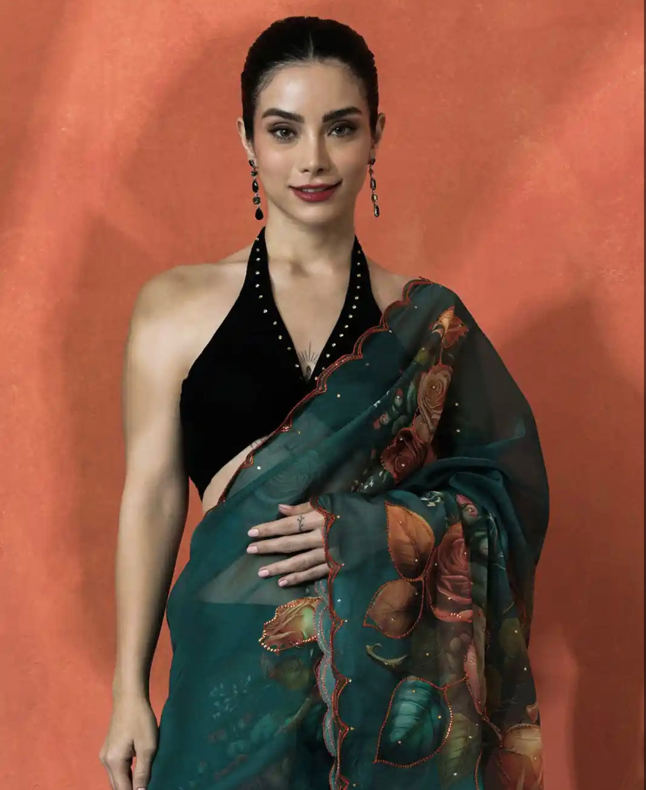 Bottle Green Organza Saree