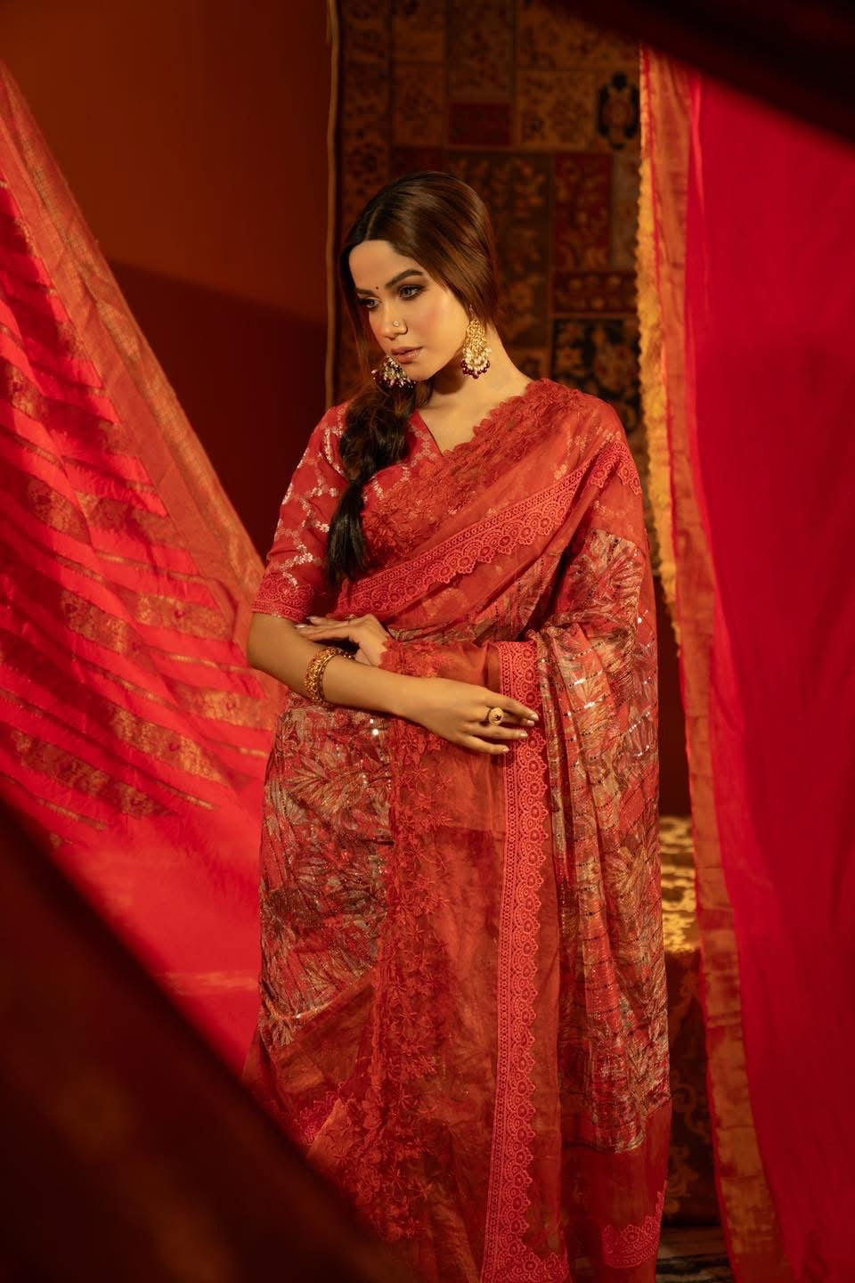 Red floral saree