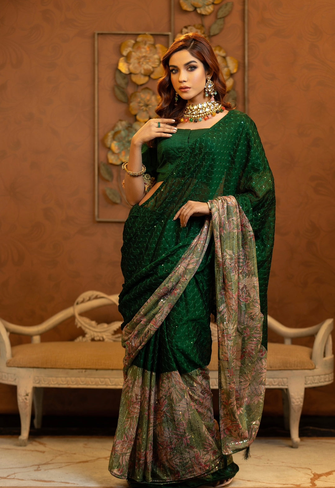 Bottle green saree