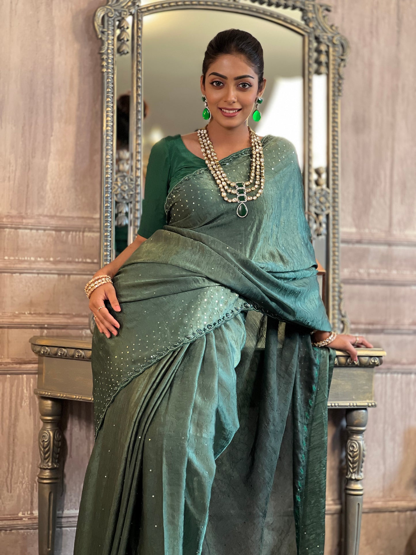Bottle Green Dabka Saree