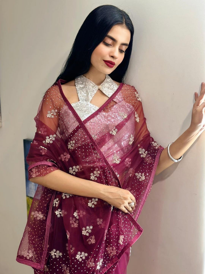 Maroon net saree