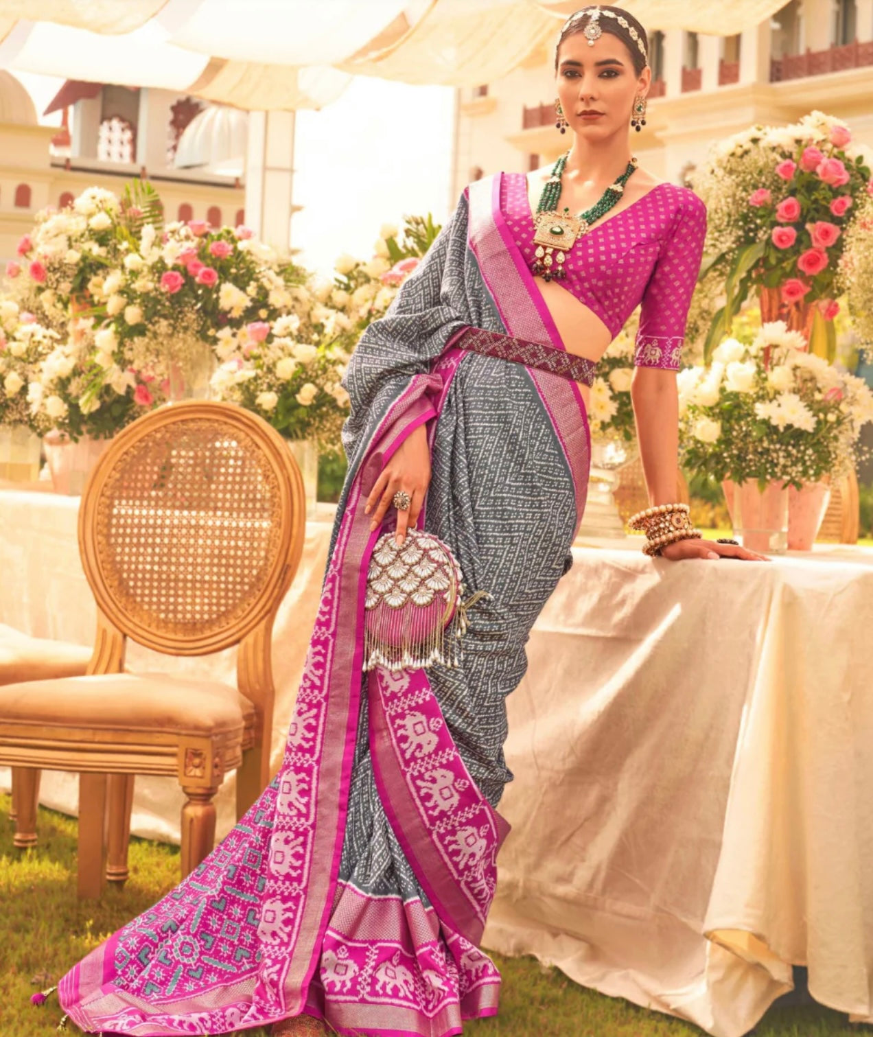 Grey & Pink Ikkat Patole Saree