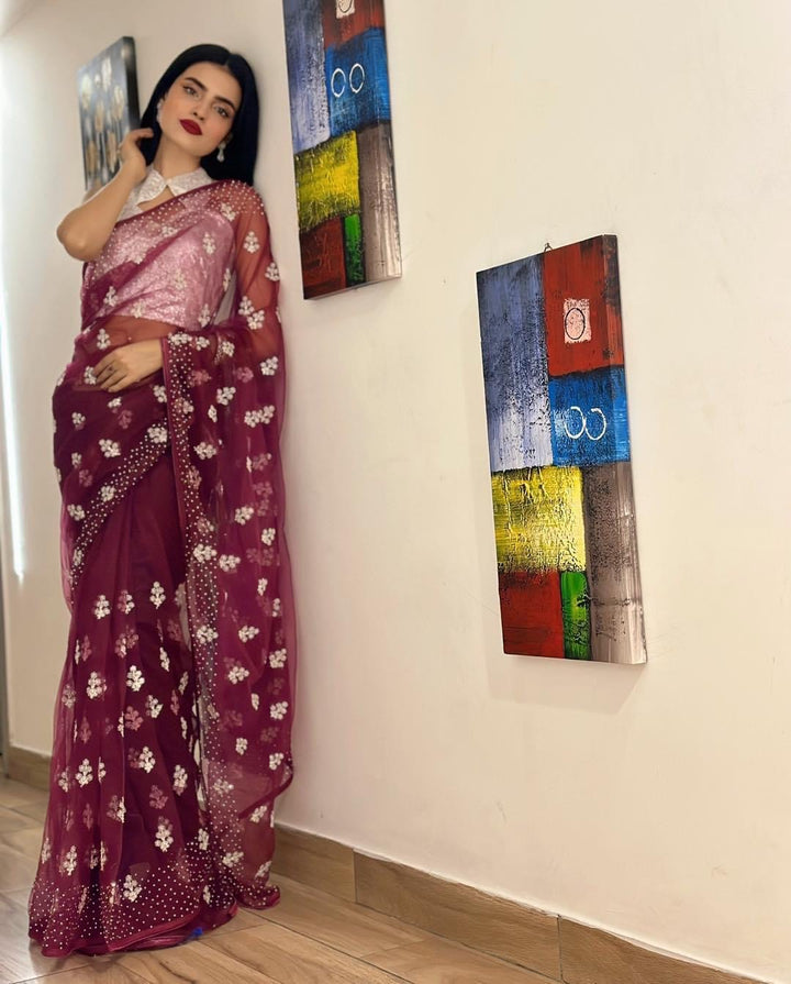 Maroon net saree