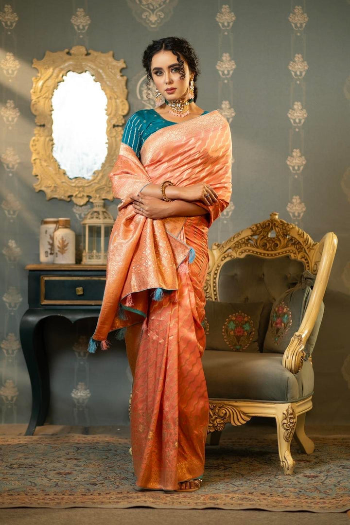 Peach Banarasi silk saree