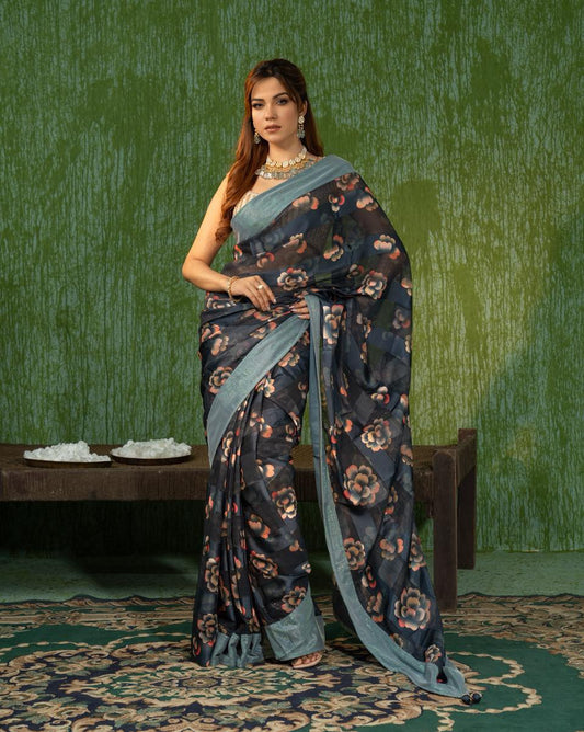 Navy Blue Floral Saree