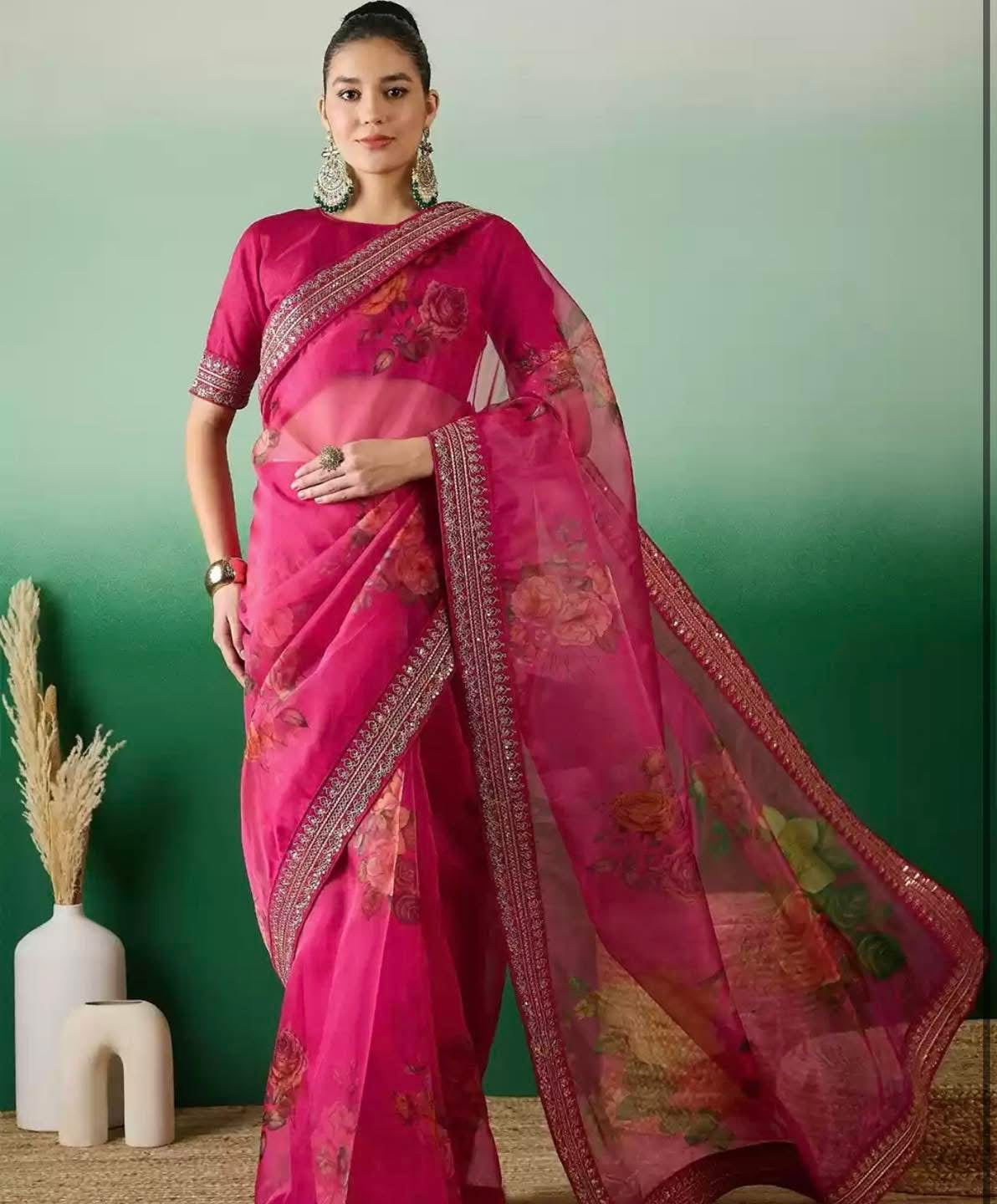 Hot Pink Organza Saree