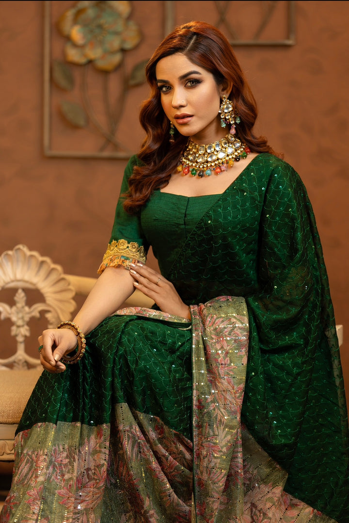 Bottle green saree