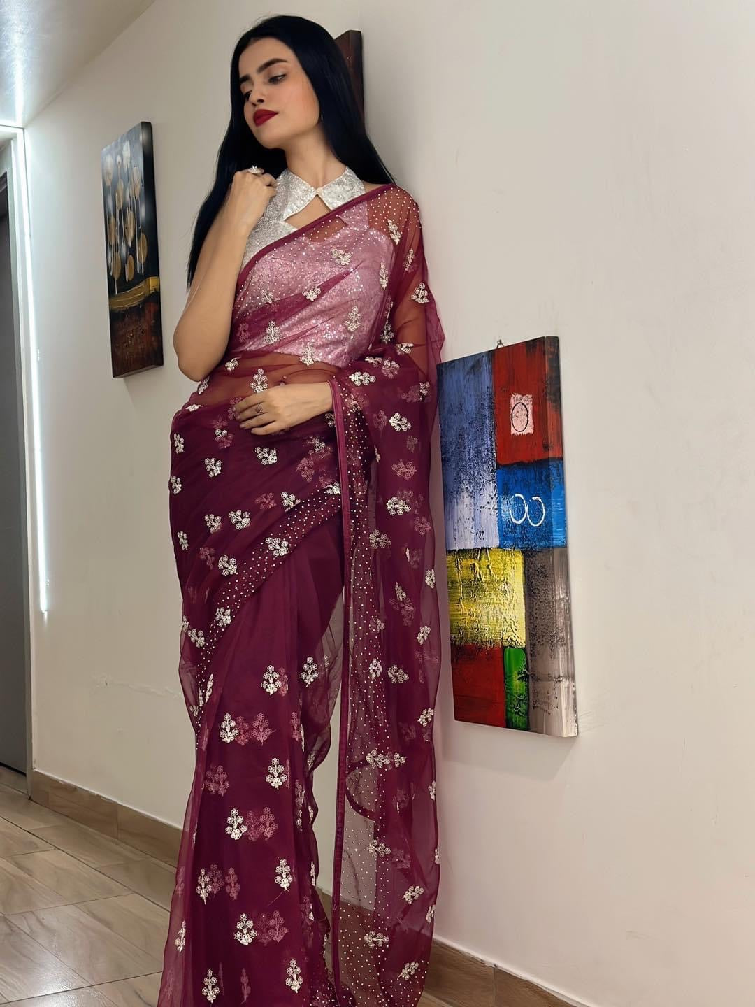 Maroon net saree