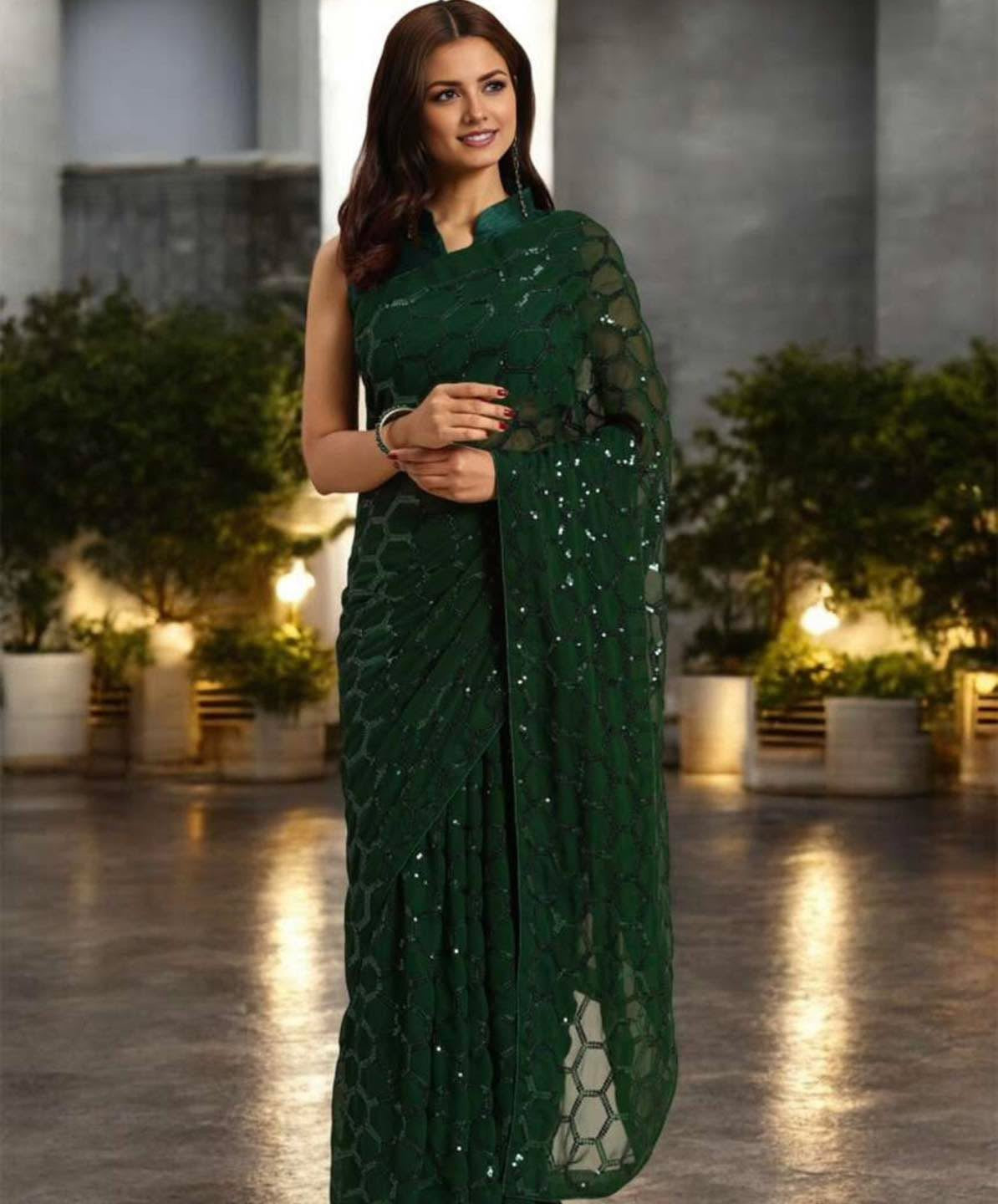 Bottle Green Designer Saree