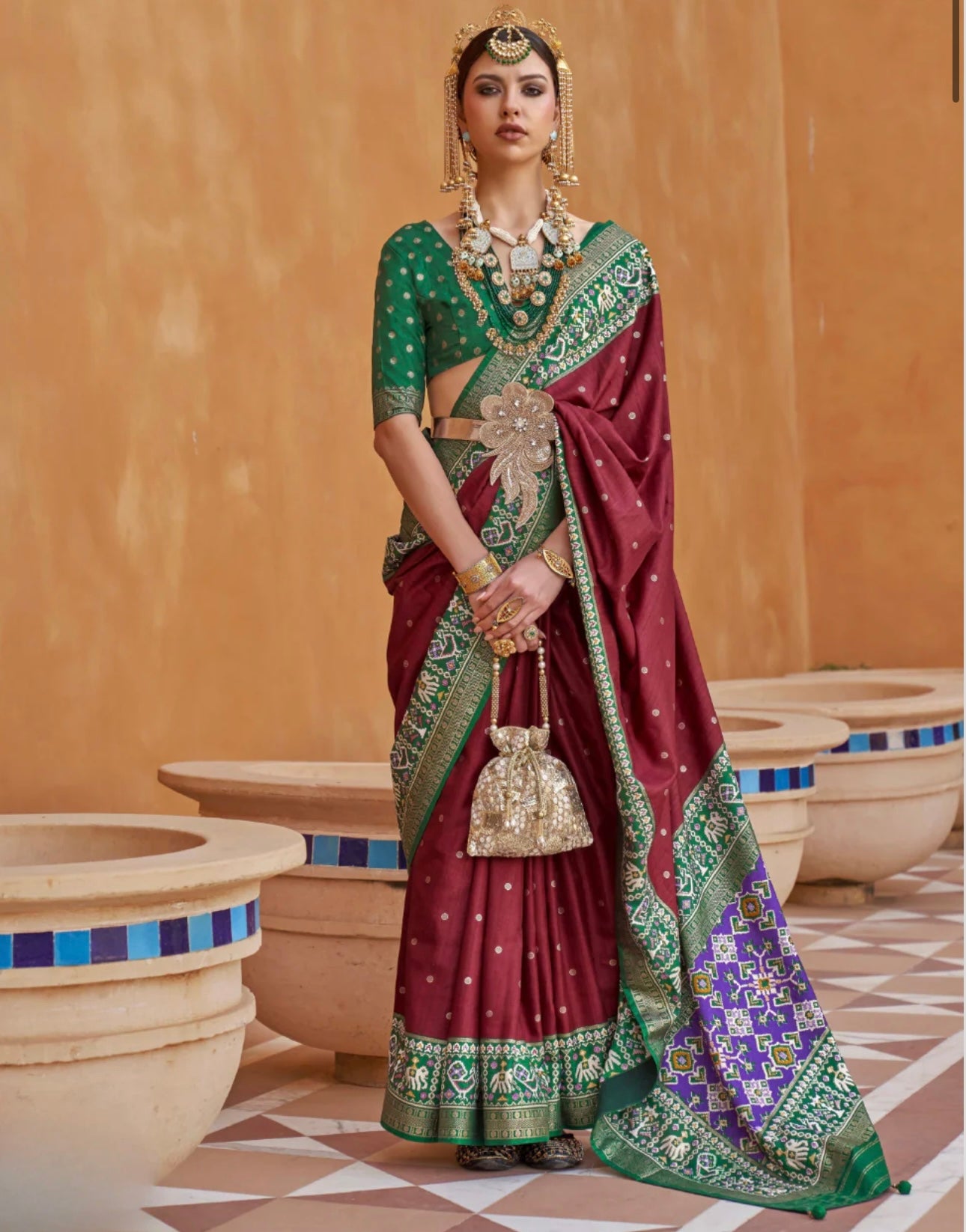 Maroon & Green Saree