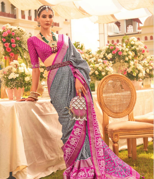 Grey & Pink Ikkat Patole Saree