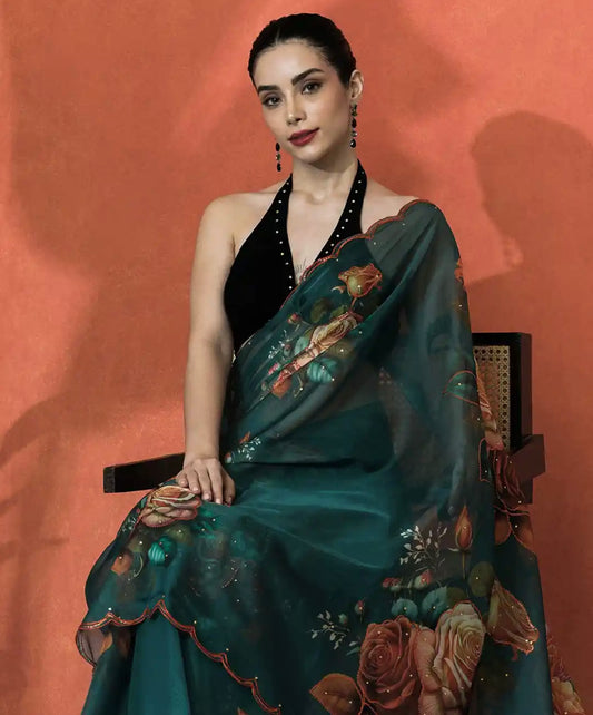 Bottle Green Organza Saree