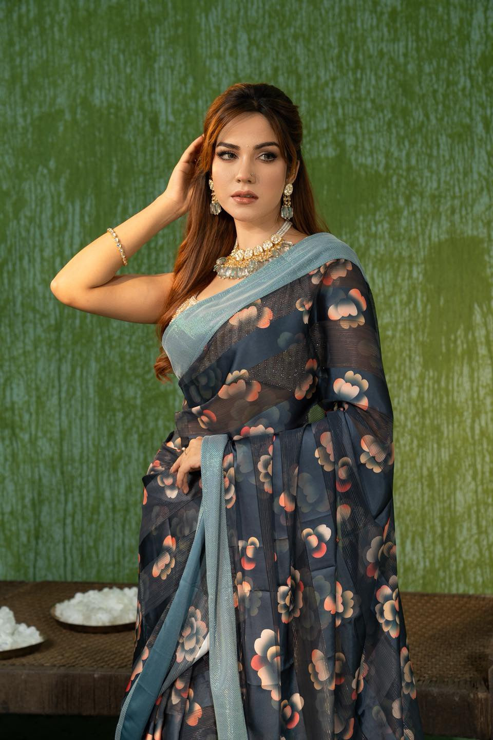 Navy Blue Floral Saree