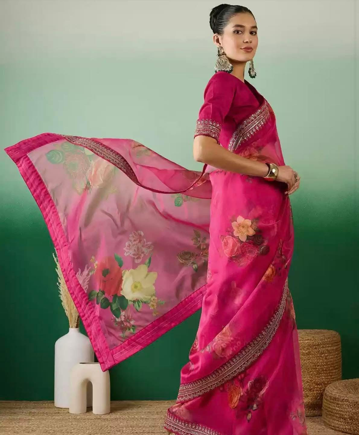 Hot Pink Organza Saree