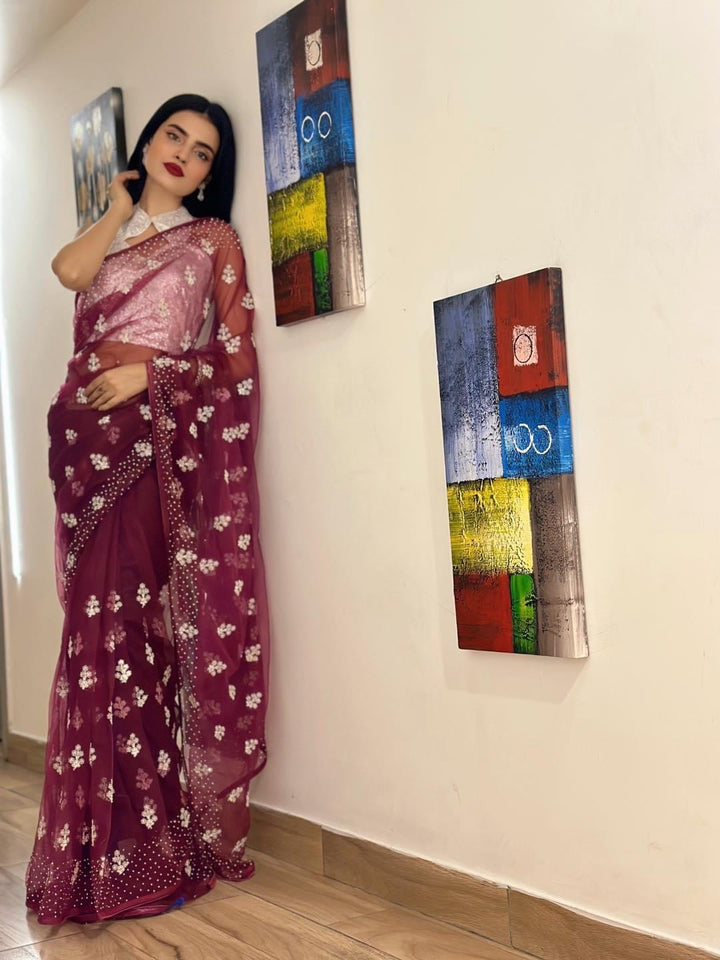 Maroon net saree