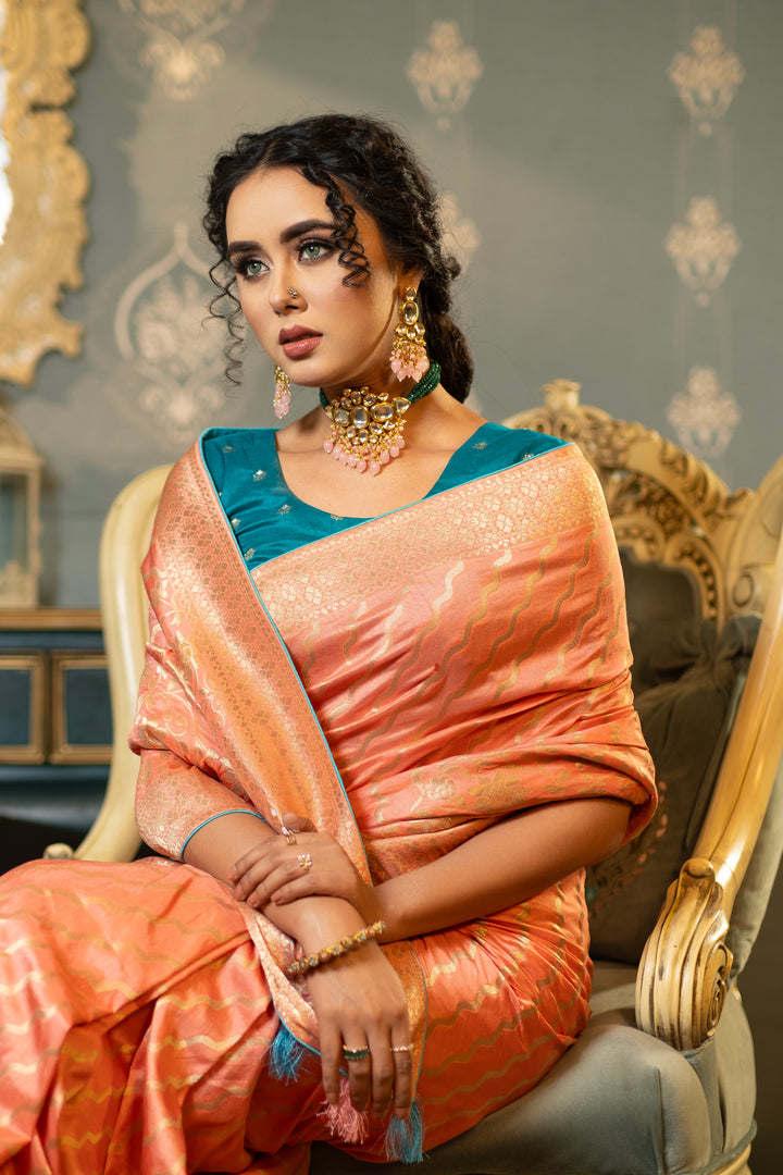 Peach Banarasi silk saree