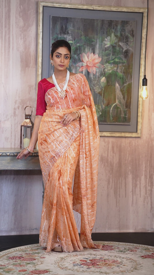 Peach floral Crepe Saree